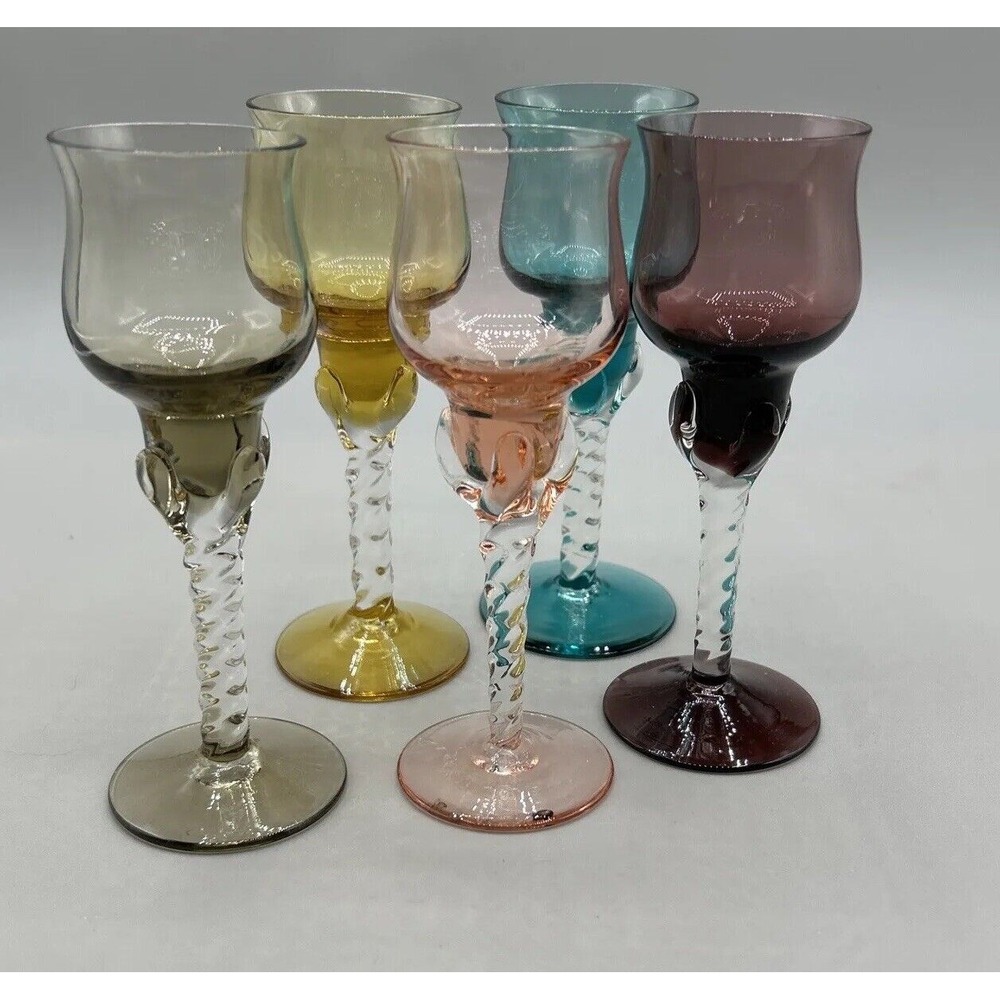 Blown Glass Twisted Stem Wine Glasses Amethyst Rose Smoke Amber‎ teal set of 5